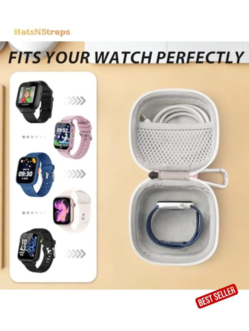 Hard Travel Watch Case with Carabiner, EVA & PU Shell, Plush Lined, Mesh Pocket